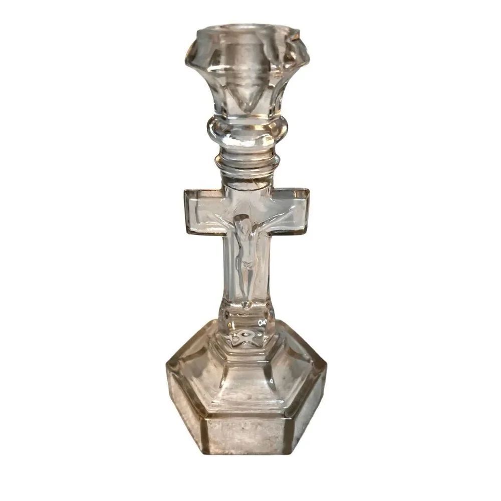 Glass Crucifix Candleholder Religious Jesus On The Cross Inri Cruxification